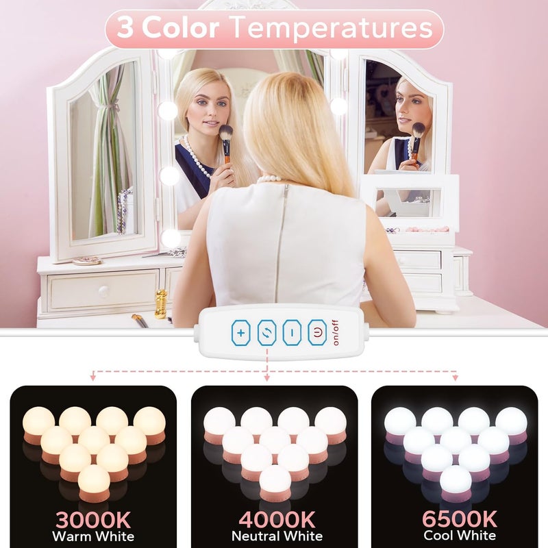 Bairth LED Vanity Lights For Mirror, Pink Vanity Light Stick on with 10 Dimmable Bulbs, 3000K 4000K 6500K & 10 Level Brightness Adjustable USB Cable Hollywood Mirror Lights for Makeup Dressing Room Bathroom - Image 5